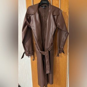 Long Brown leather coat with belt. Size large